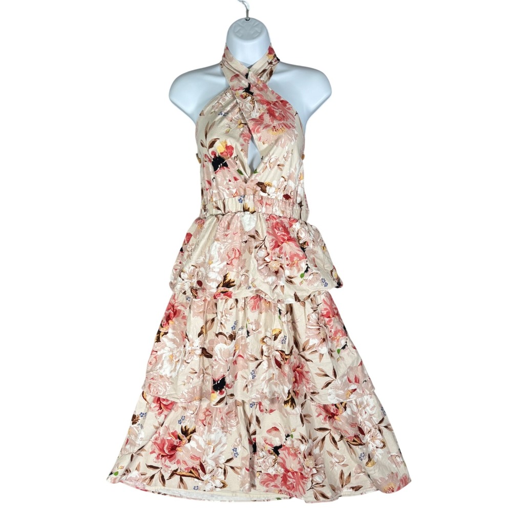Express Floral Halter Tiered Keyhole Midi Dress Linen Blend Beige Pink Size M